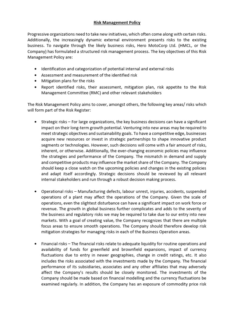 Hero MotoCorp Risk Management Policy | PDF | Risk | Financial Risk