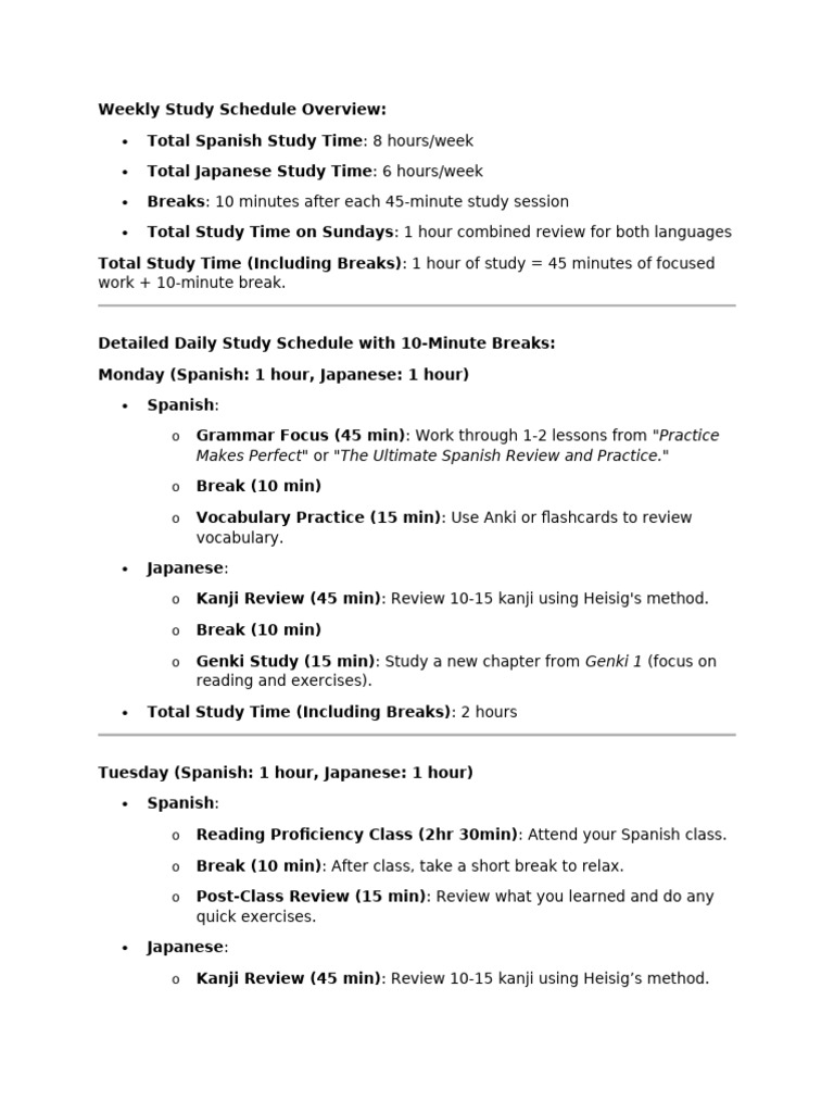Weekly Study Schedule For Spanish and Japanese | PDF | Japanese ...