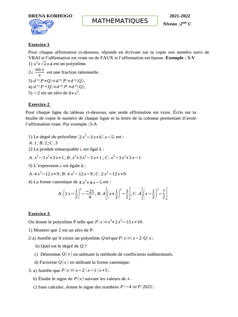 Exercices de mathématiques en 2nde C | PDF | Analyse numérique ...