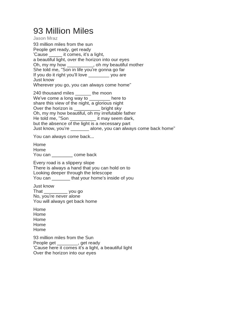 Jason Mraz's "93 Million Miles" Lyrics | PDF
