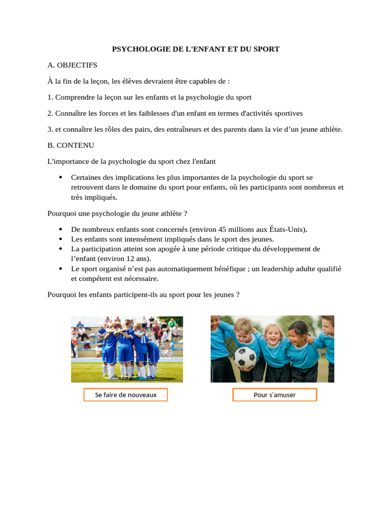 Psychologie du sport chez l'enfant | PDF | Des sports | Psychologie