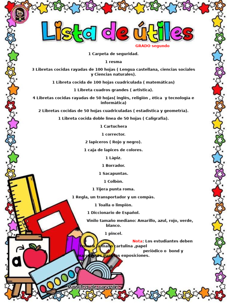 Lista de útiles escolares para segundo grado | PDF