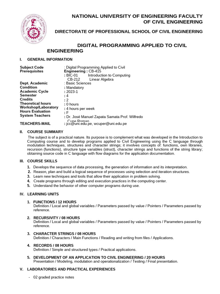 SYLLABUS DIGITAL PROGRAMMING APPLIED TO CIVIL ENGINEERING Version 1 ...