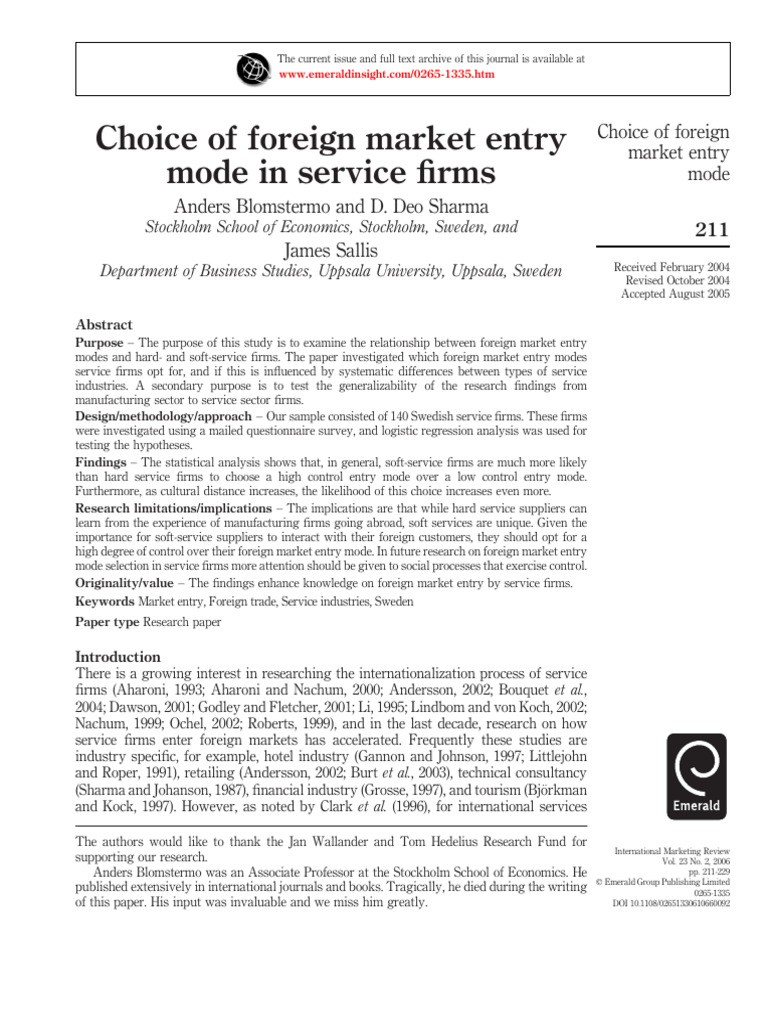 Choice of Foreign Market Entry Mode in Service Firms | PDF | Logistic ...