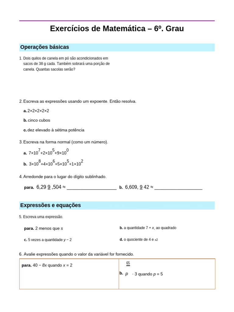 Exercícios de Matemática 6º | PDF | Equações | Triângulo