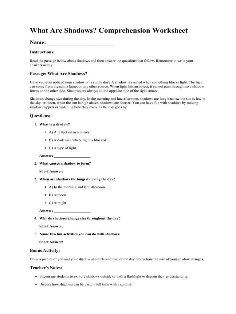 Shadows Comprehension Worksheet | PDF