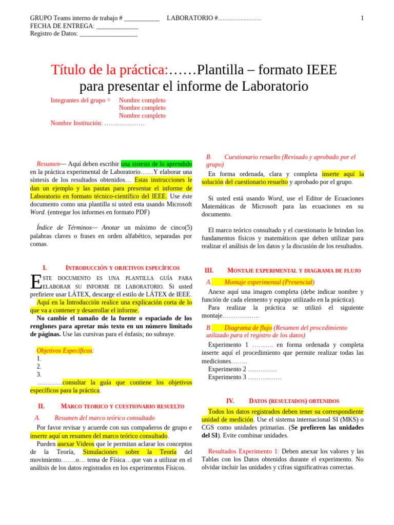Plantilla Informe Laboratorio IEEE | PDF | Experimentar | Laboratorios