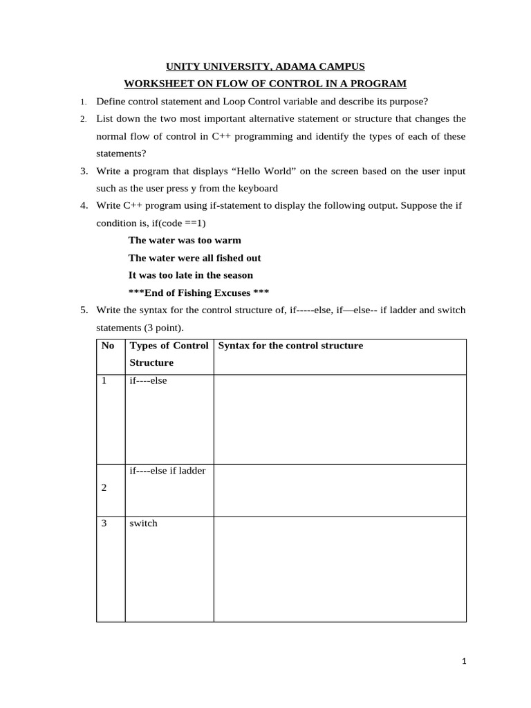 Worksheet On Flow of Program | PDF | Control Flow | C++