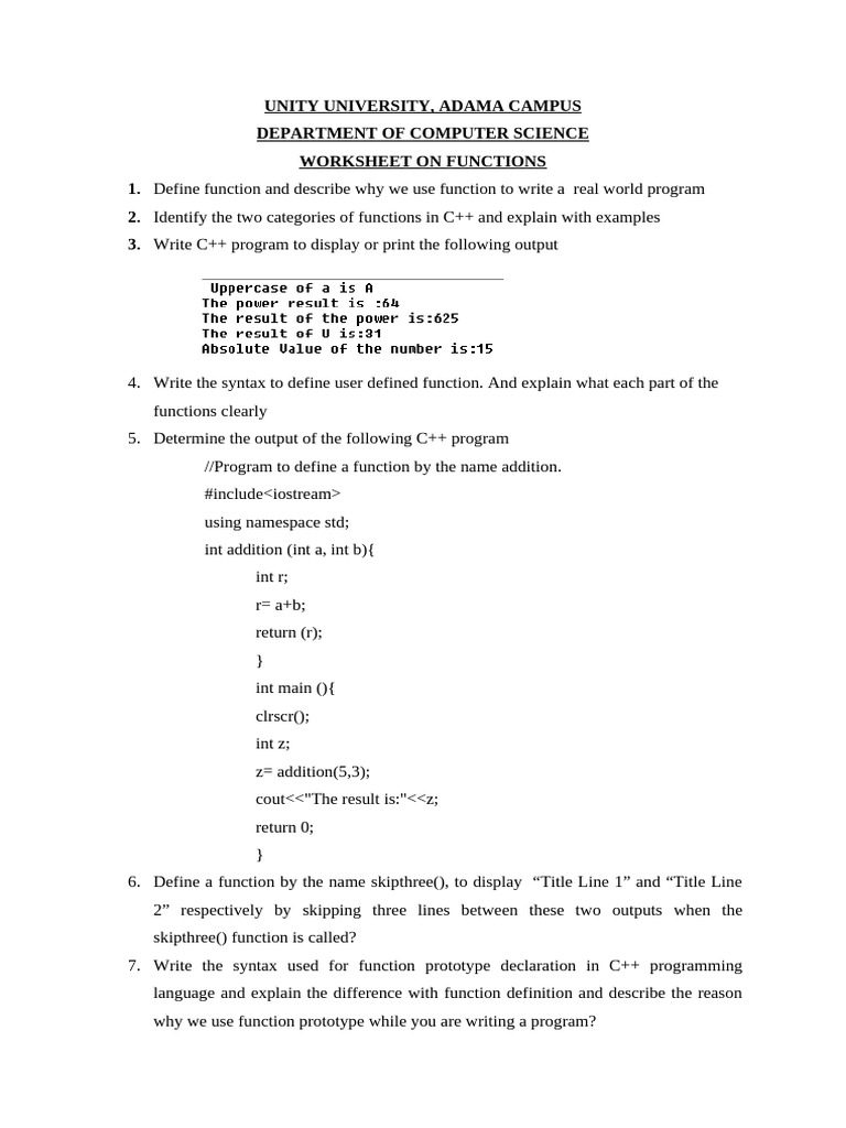 C++ Functions Worksheet and Examples | PDF | Namespace | Integer ...