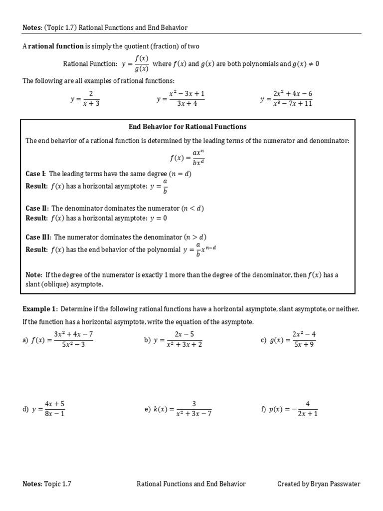 Topic 1.7 Rational Functions And End Behavior