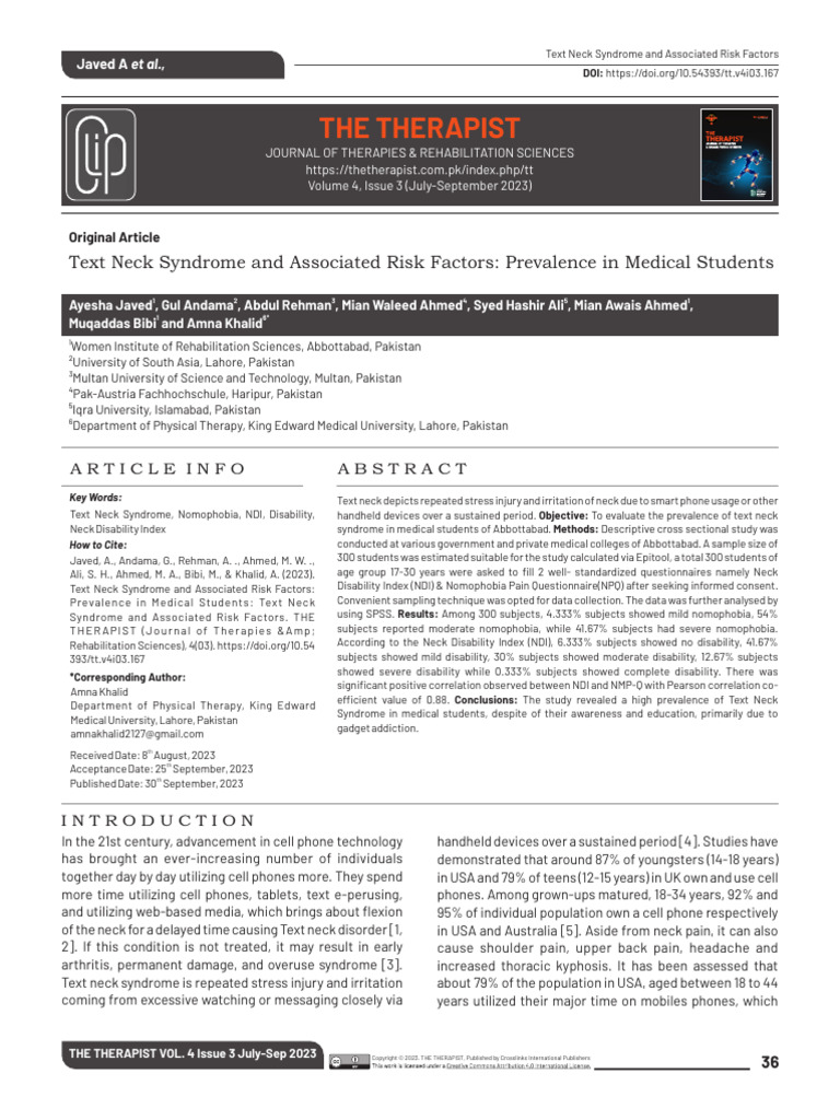 Text Neck Syndrome and Associated Risk Factors - Prevalence in Medical ...