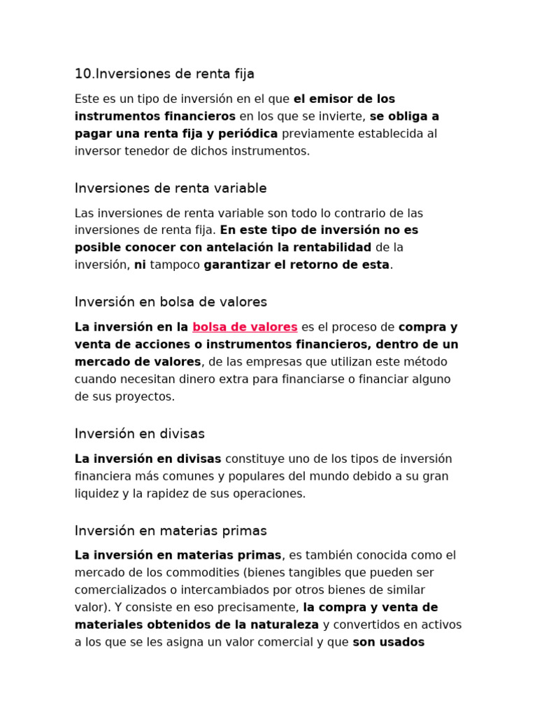 Tipos de Inversiones Financieras Explicadas | PDF | Inflación | Precios