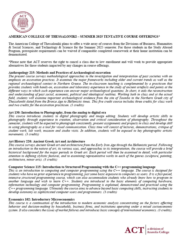 Summer 2025 Tentative Course Offerings PDF Psychology Equations