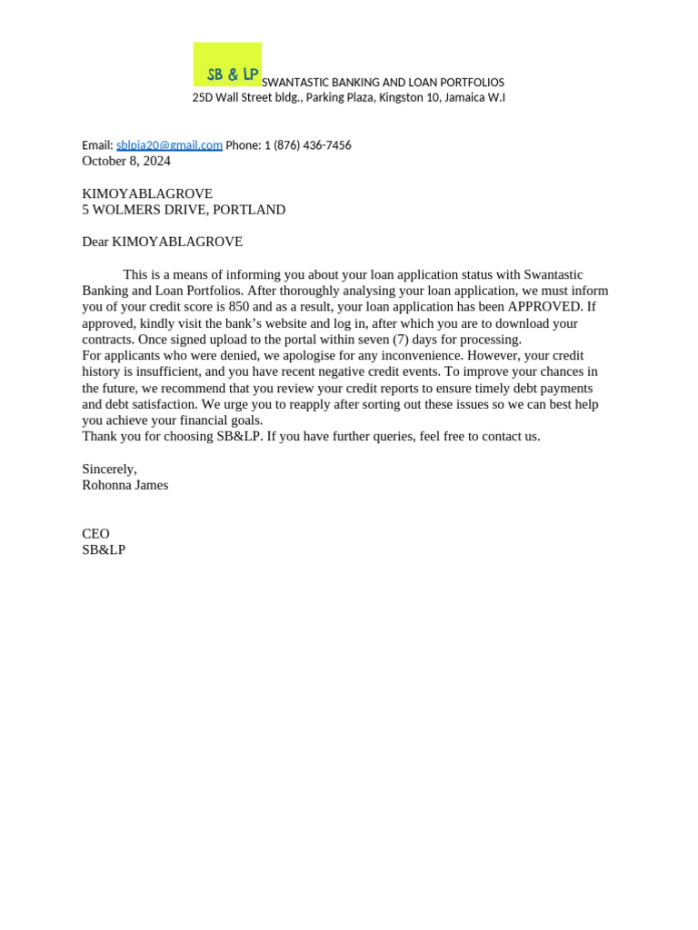 SB&LP Final Letter Rohonna James | PDF | Credit History | Loans