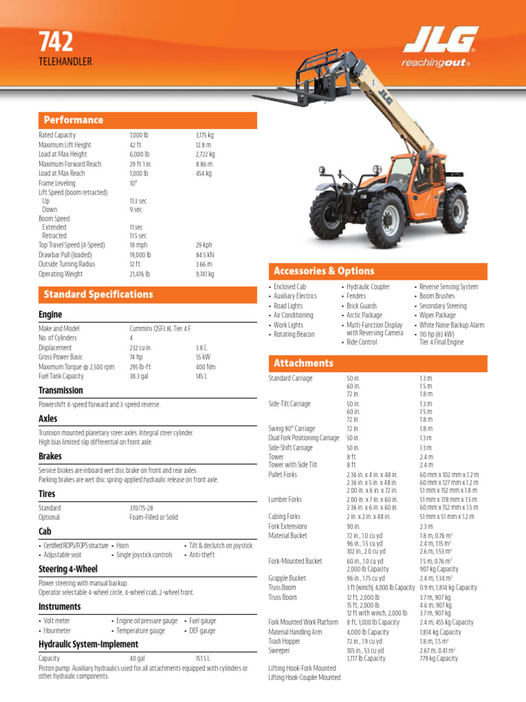 JLG 742 Telehandler Specifications Guide | PDF | Horsepower | Wheeled ...