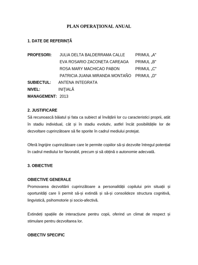 Planul Operativ Anual Kinder | PDF