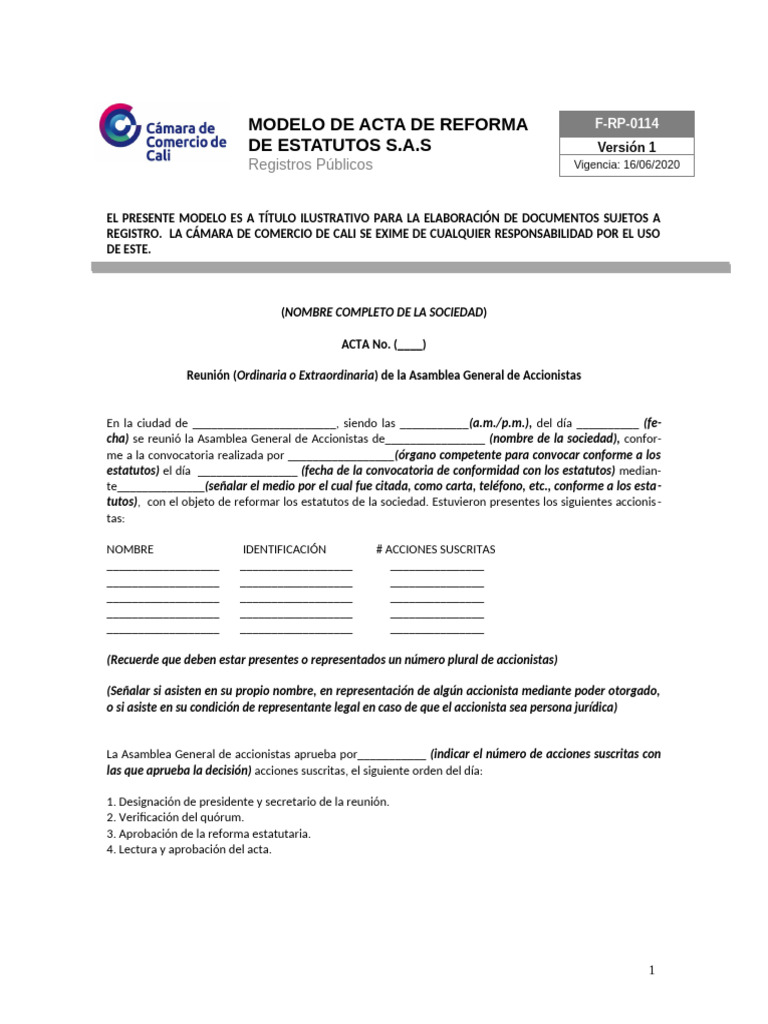 Modelo de Acta para Reforma Estatutaria | PDF | Gobierno