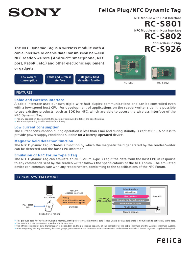 Rc-S801 Rc-S802 Rc-S926: Felica Plug/Nfc Dynamic Tag | PDF | Electrical ...