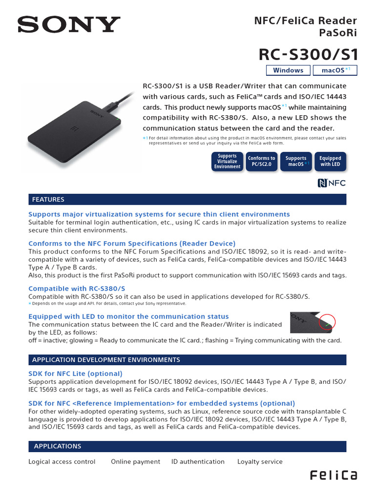 Rc-S300/S1: Nfc/Felica Reader Pasori | PDF | Computer Engineering