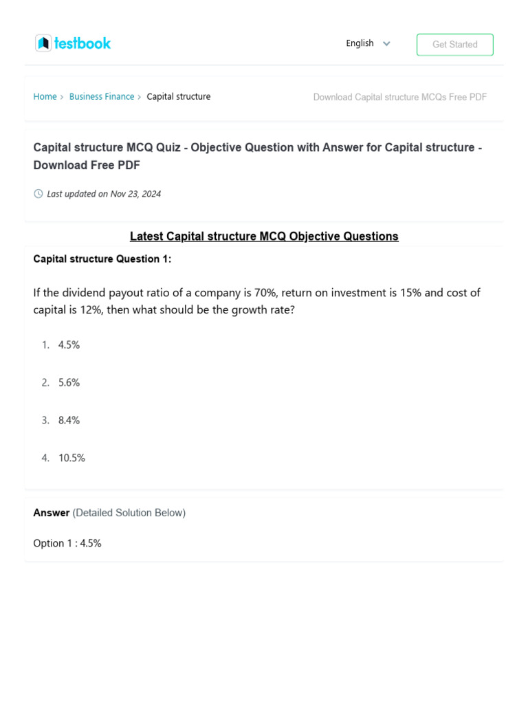 Capital Structure MCQ (Free PDF) - Objective Question Answer For Capital  Structure Quiz - Download Now! | PDF | Capital Structure | Cost Of Capital