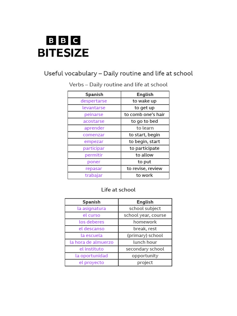 Daily Routine Vocabulary for School | PDF