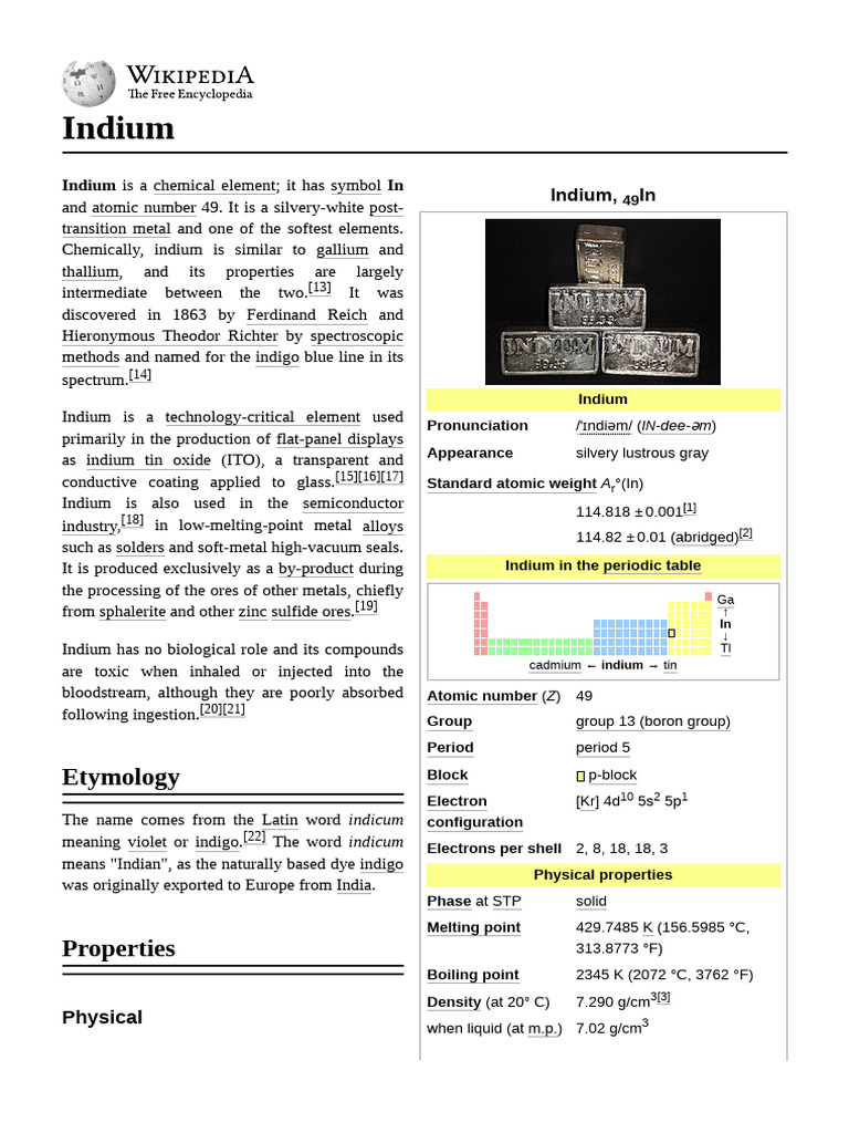 Indium: Properties and Uses Explained | PDF | Isotope | Chemical Substances