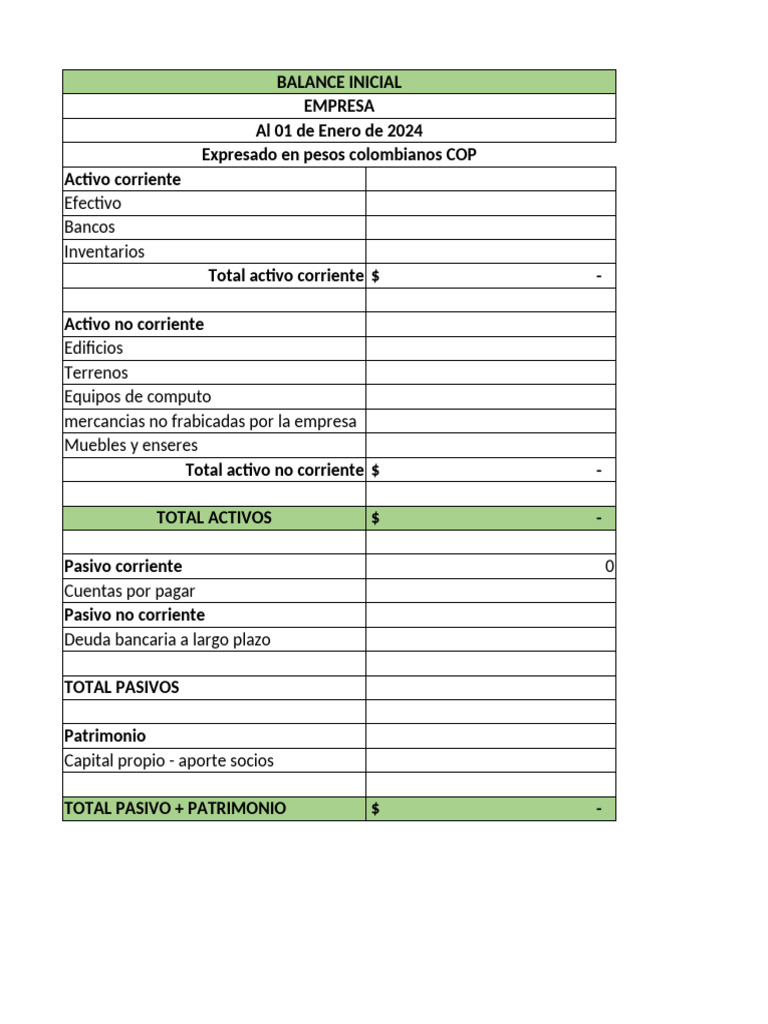 Balance Inicial Empresa 2024 COP | PDF | Bancos | Tarjeta de débito