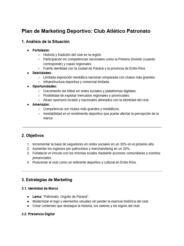 Plan de Marketing Deportivo - Club Atlético Patronato | PDF | Marketing