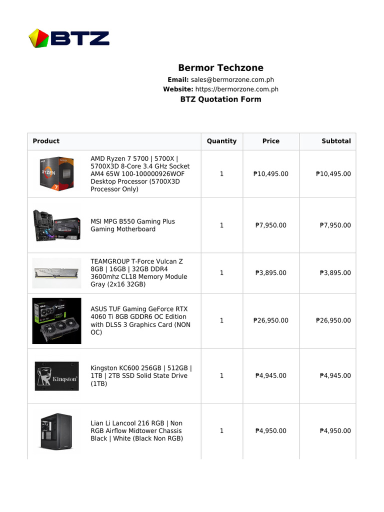 BTZ Tech Quotation Form and Pricing | PDF
