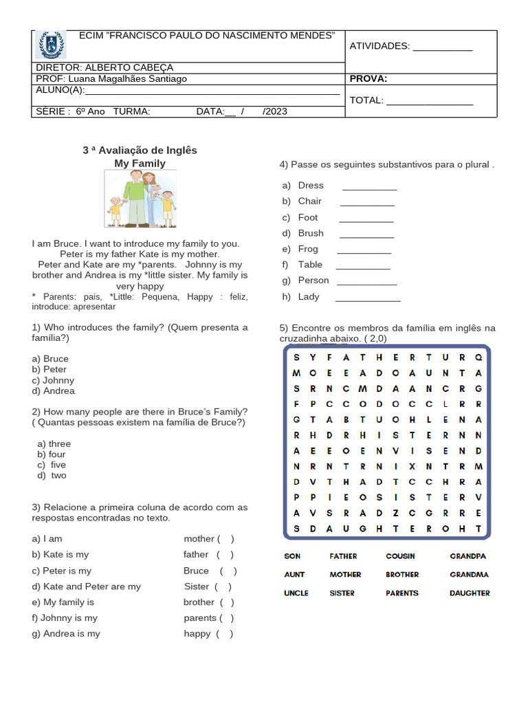 Prova de Inglês: Minha Família - 6º Ano | PDF