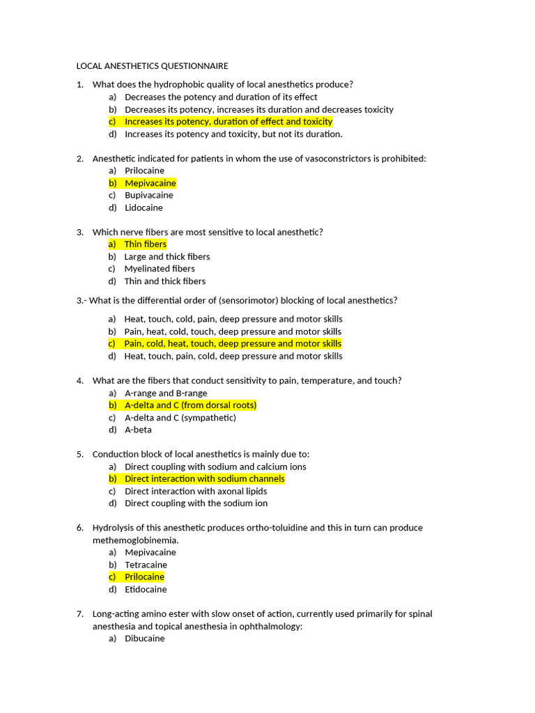 Local Anesthetics Knowledge Questionnaire | PDF | Axon | Medical ...