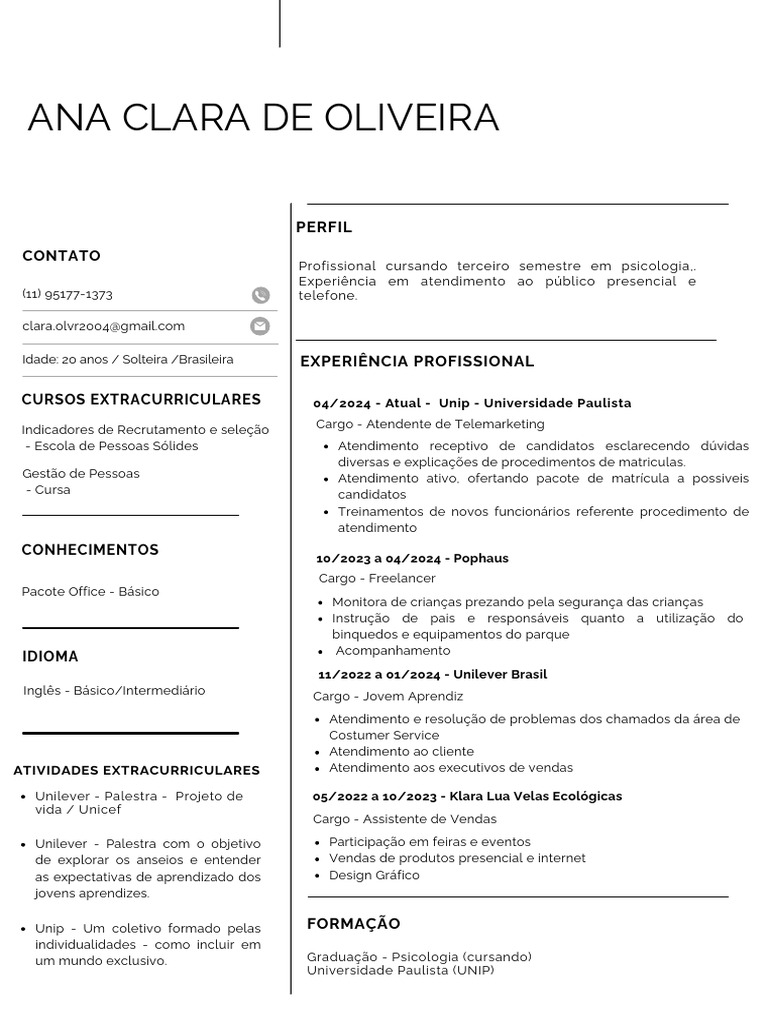 Perfil Profissional de Ana Clara Oliveira | PDF