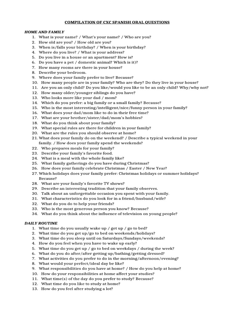 CXC Spanish Oral Questions Compilation | PDF | Lunch | Grocery Store
