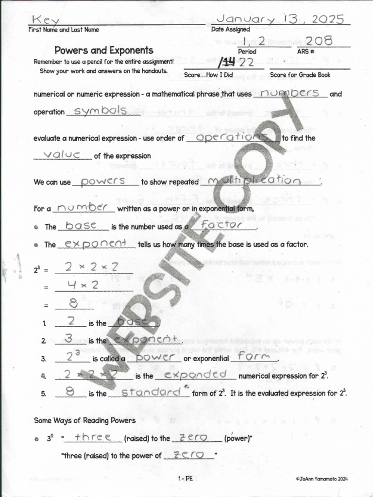 Powers and Exponents Key | PDF