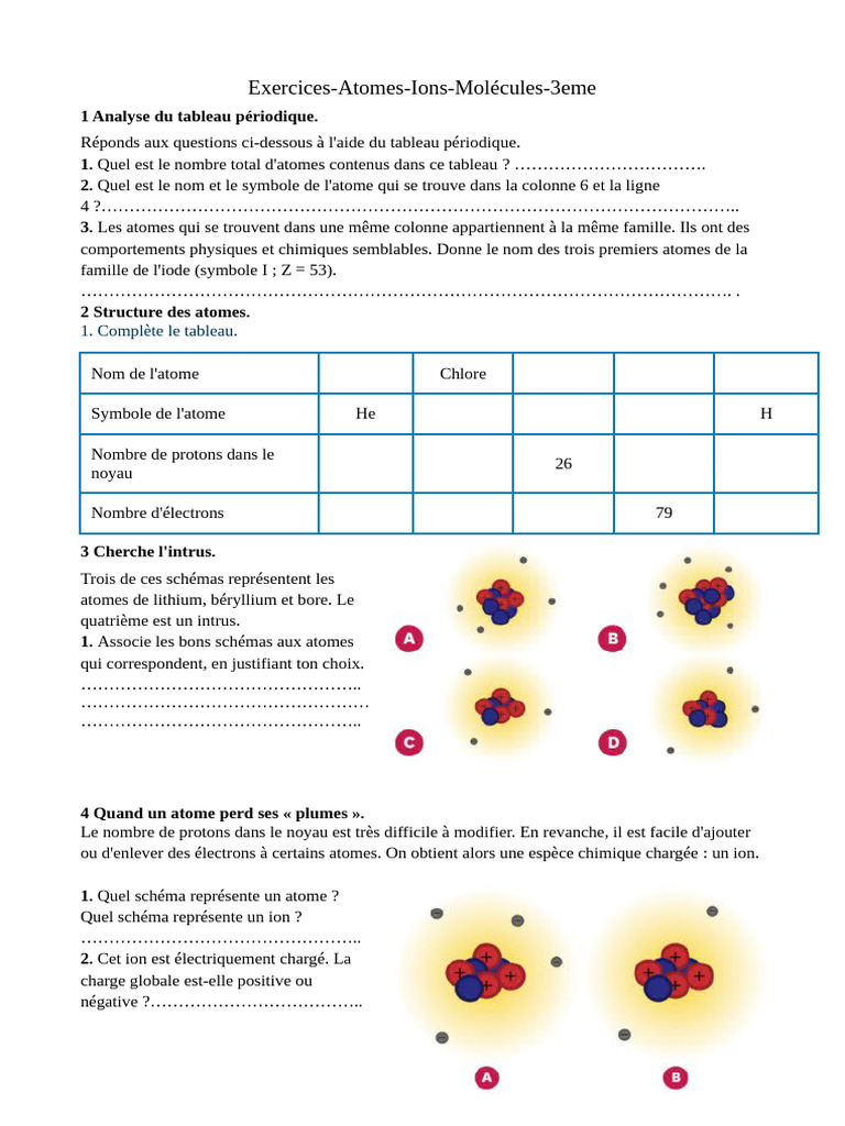Exercices sur Atomes et Ions en 3ème | PDF | Atomes | Proton