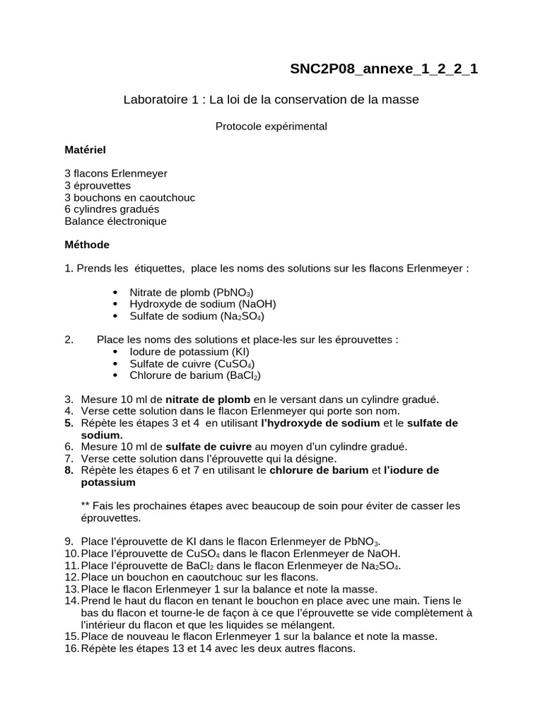 Loi de conservation de la masse en labo | PDF