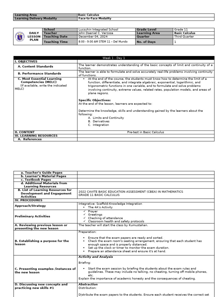 Grade 11 Basic Calculus Lesson Plan | PDF | Function (Mathematics ...