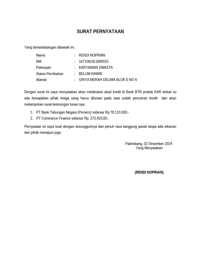 Surat Pernyataan Lunas Hutang-1 | PDF