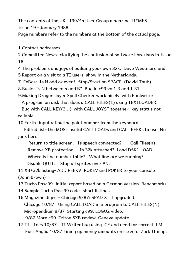 UK TI99/4A User Group Magazine Issue 19 | PDF | Computing | Computer ...
