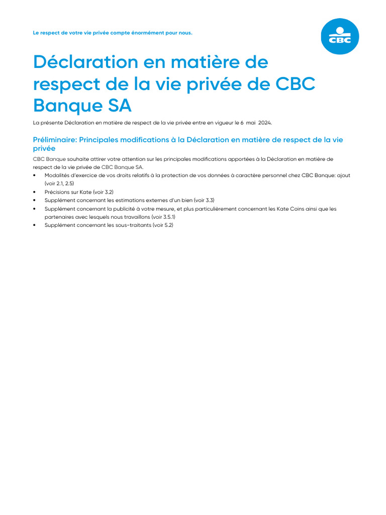 Déclaration de confidentialité CBC Banque | PDF | Banques | Crédit