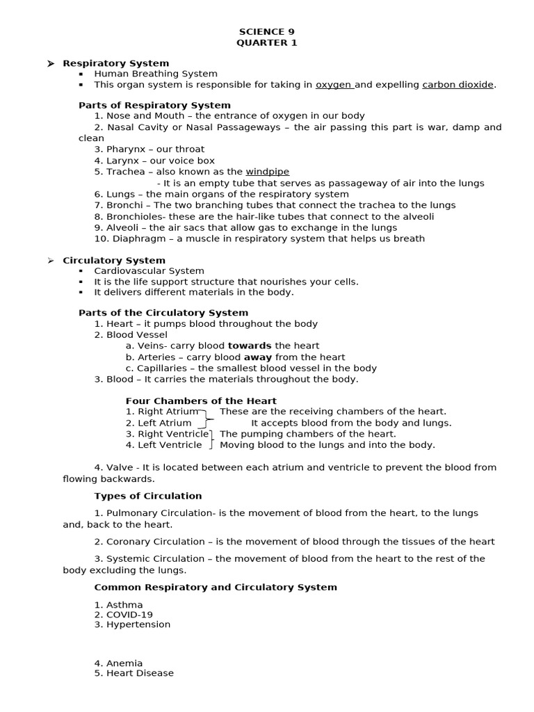 Sci9- Quarter 1 | PDF | Lung | Respiratory System
