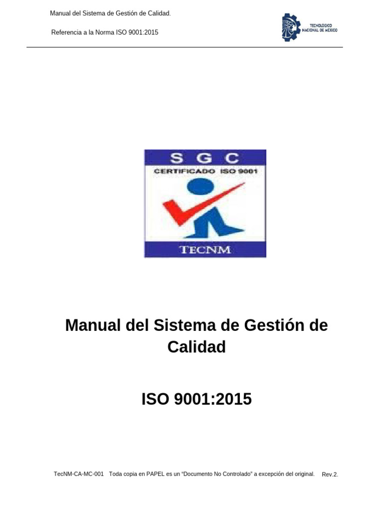 Manual de Calidad ISO 9001:2015 TecNM | PDF | Sistema de manejo de ...