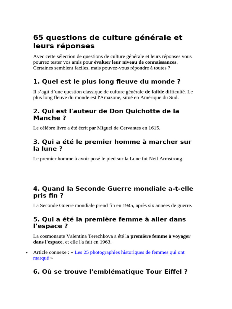 65 Questions-Réponses de Culture Générale | PDF | Astronautes