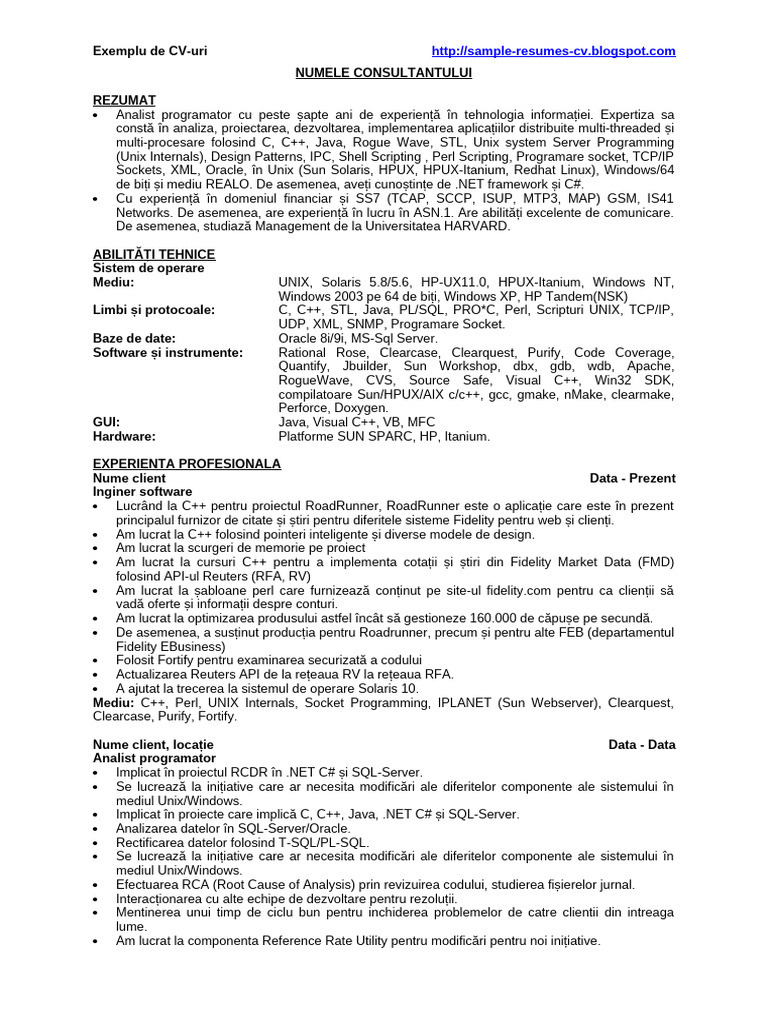 Dezvoltator C++ - Exemple de CV - CV | PDF