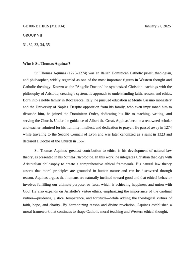 St. Thomas Aquinas: Ethics and Natural Law | PDF
