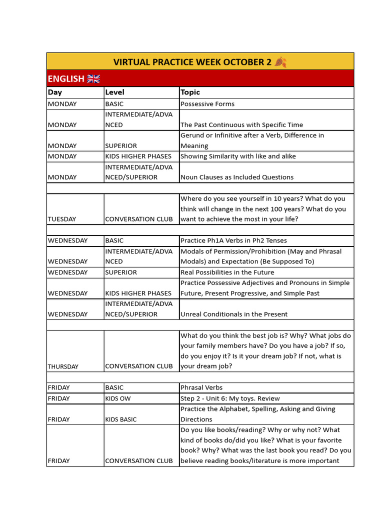 Virtual Language Practice Week Schedule | PDF | Verb | English Language