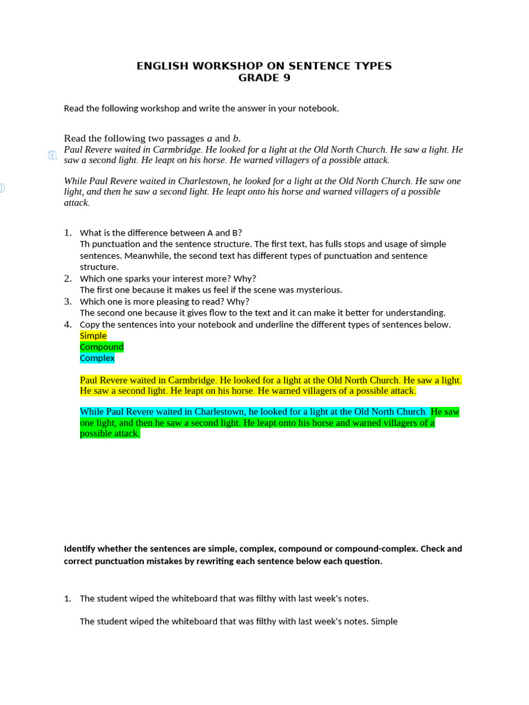 English Workshop On Sentence Types | PDF | Sentence (Linguistics ...