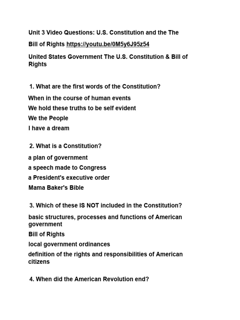 Copy of unit 3 video questions u s constitution bill of rights docx