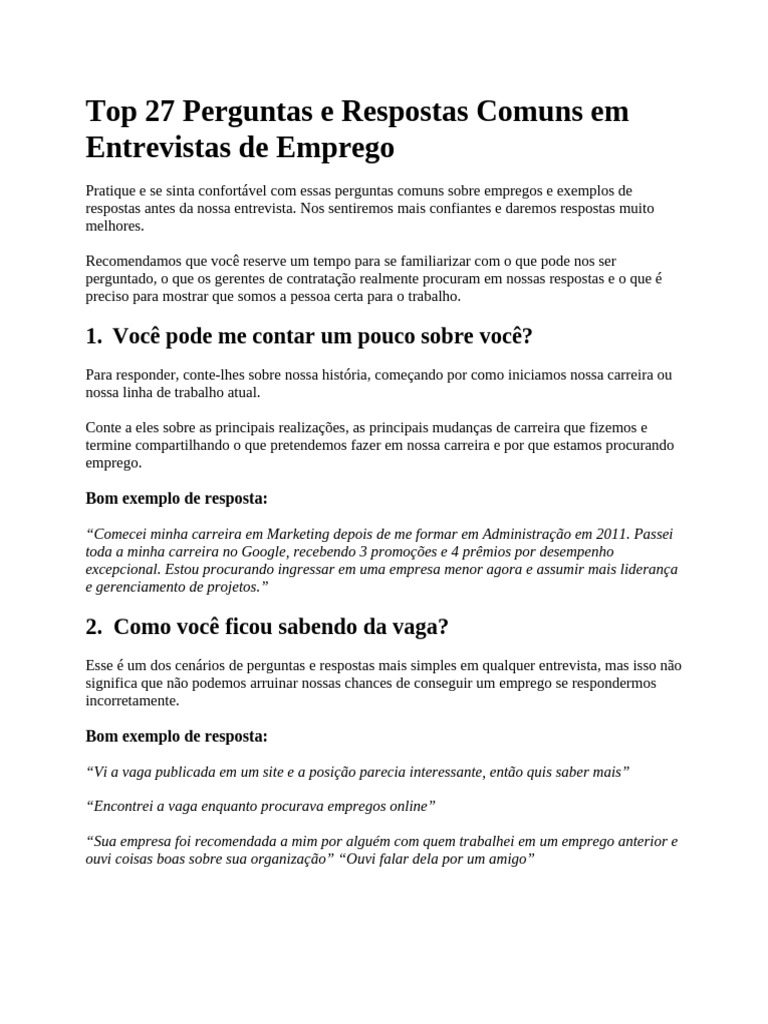 Perguntas e Respostas de Entrevista de Emprego PDF | PDF | Experiência ...