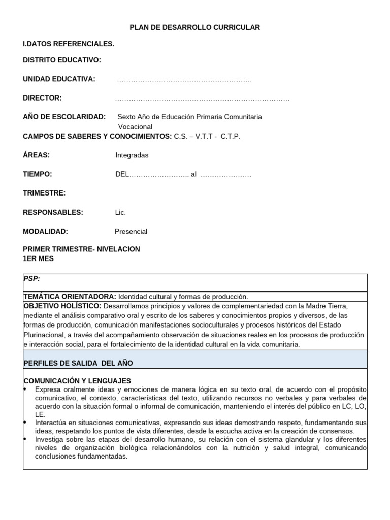 Plan de Desarrollo Curricular 2024 Primaria | PDF | Comunicación ...